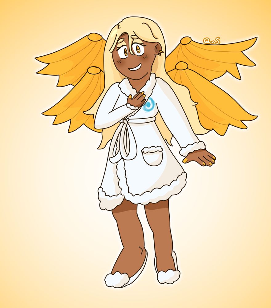 A humanoid with tanned skin stands with her hand against her chest against a light yellow background. She has long, blonde hair that goes down to her waist, and two sets of golden wings.