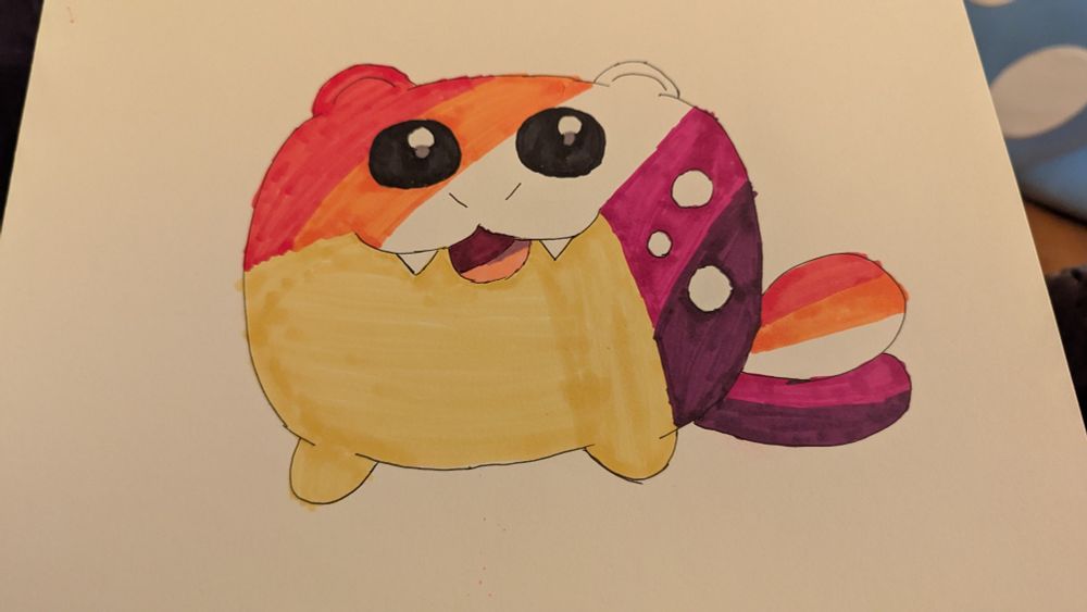 A Spheal in alcohol-based marker drawing, but with the blue fur replaced with colors close enough to the Lesbian flag