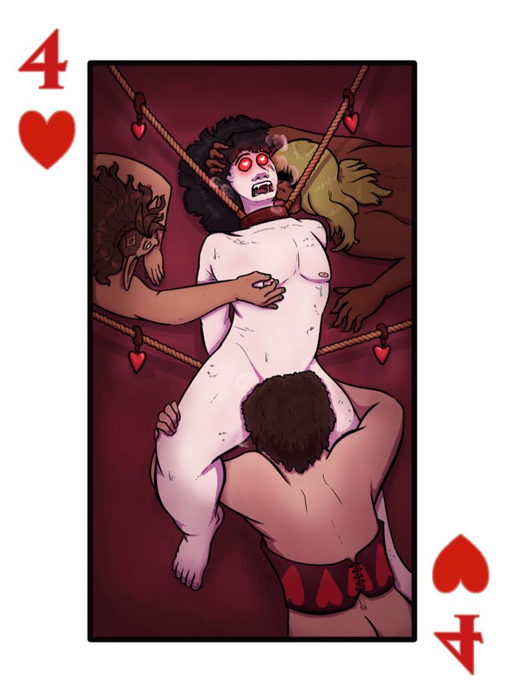 NSFW artwork of original characters. Mortimer, a white tall human, is tied up at the neck and arms by ropes with heart adornments, while getting licked and prodded at by two people, while a third sucks him off. He's utterly overwhelmed, to the point his eyes glow with emotion-derived magic.