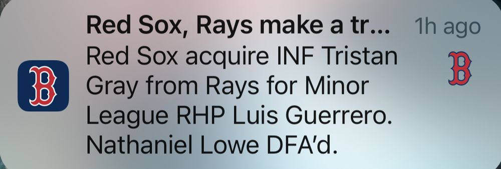 An alert showing the Red Sox have acquired a mostly minor league player which is not an exciting move 