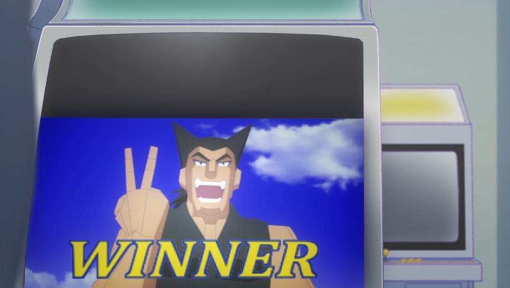 Image from the anime Game Center Girl showing an arcade candy cab with a Virtua Fighter parody victory screen on display. The winning character has his hand up in a "V" sign, but it's the one considered offensive in the UK.