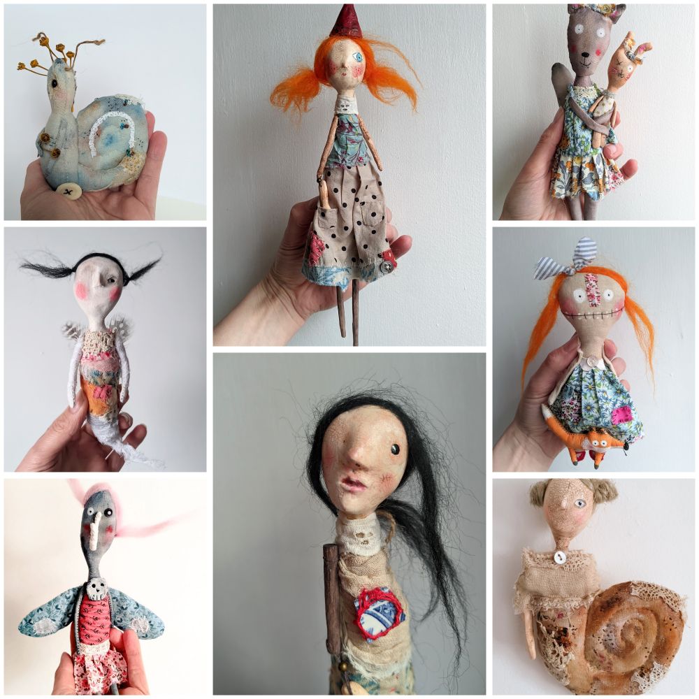 Photo collage of textiles art dolls. They are all different, all a bit strange. Some have heads sculpted in paperclay. 
