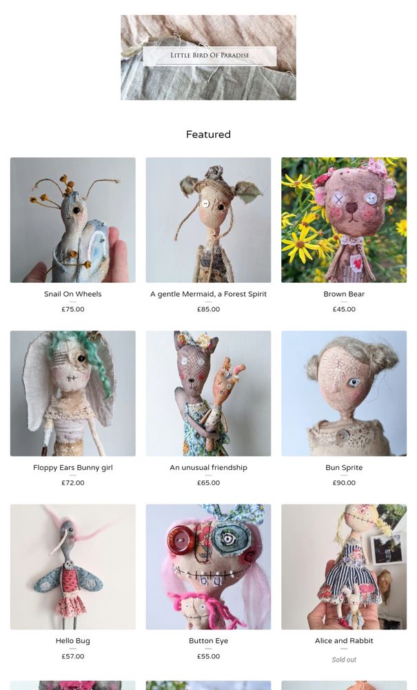 Screenshot of my Little Bird Of Paradise 's website where we can see pics of my available creations (art dolls). 