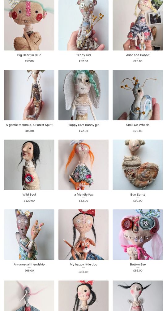 Screenshot of my website page showing my available art dolls available. 