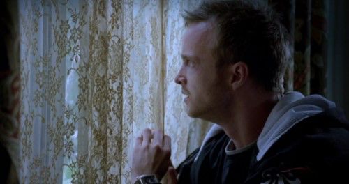 Jesse from breaking bad from the scene where he is paranoid due to the meth & stress and is hallucinating bikers coming to kill him 