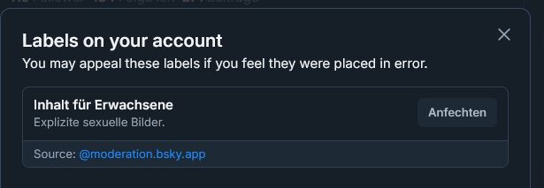 Labels on your Account. You may appeal these labes if you feel they are placed in error.
Inhalt für Erwachsene. Anfechten?