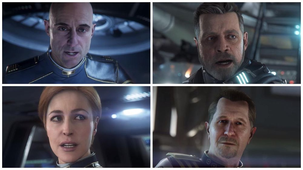 Charaktere aus dem Spiel "Squadron 42". Links oben ist Mark Strong, Rechts oben ist Mark Hamill, Unten links Gillian Anderson, unten rechts Gary Oldman