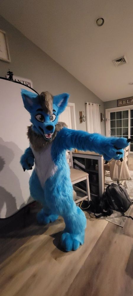 Blare in fursuit pointing in a direction