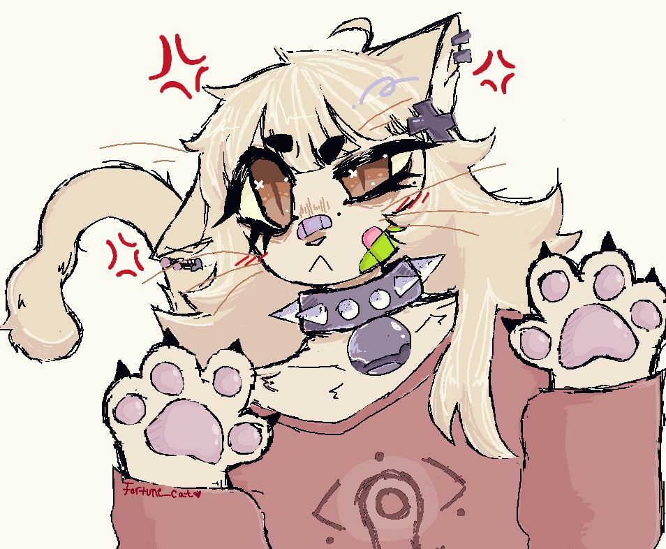 Furry Fortune drawn in mspaint, looking angry with her paws up, exposing her pink beans. She is wearing a Serial Experiments Lain shirt 