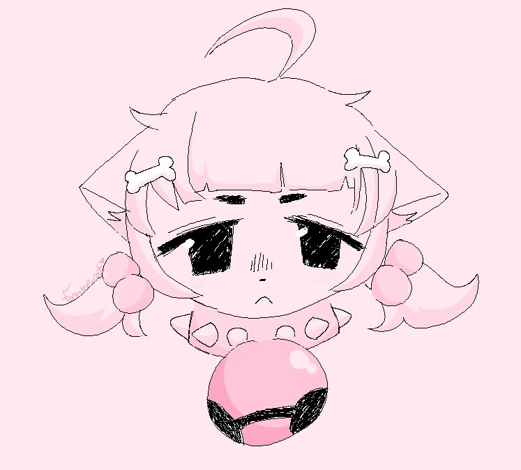 fortune as a kitten, her ears down with bone clips in her hair. Her hair is in pigtails and she wears a grumpy expression. 