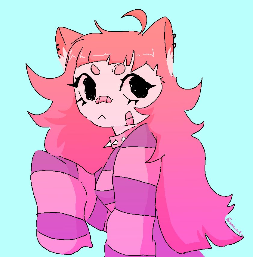 Fortune drawn in mspaint, holding up an arm with an oversized sleeve and looking to the side. The drawing is in a pink gradient with a blue background. 