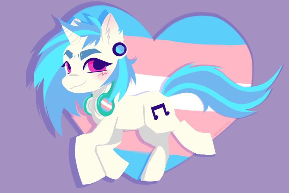 Vinyl Scratch from my little pony galloping in front of a heart with the patterns of the transgender flag. The pony is wearing green headphones with the trans flag on them, and has a gauge ￼￼piercing. The pony is headcanoned by the artist to be trans masc, but can be interpreted as any in the trans spectrum. 