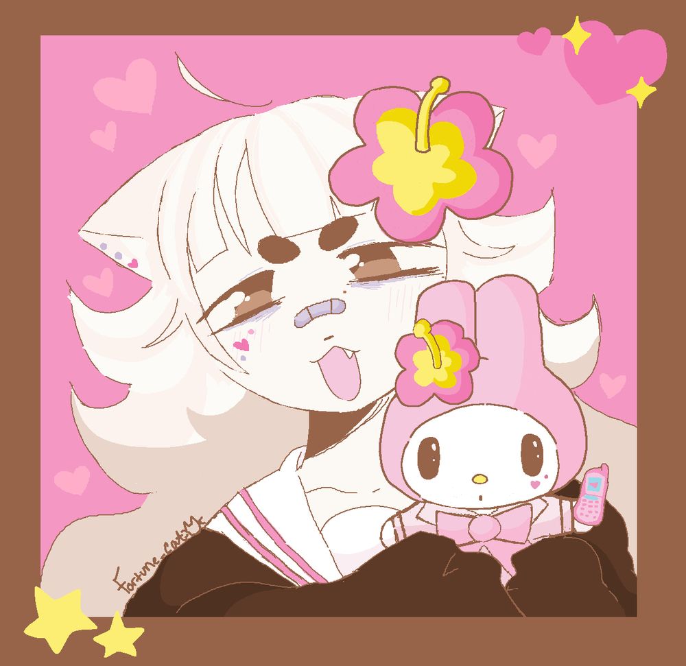 fortune drawn in mspaint, with a heart sticker next to her left eye, a hibiscus flower in her hair, and holding a my melody plush