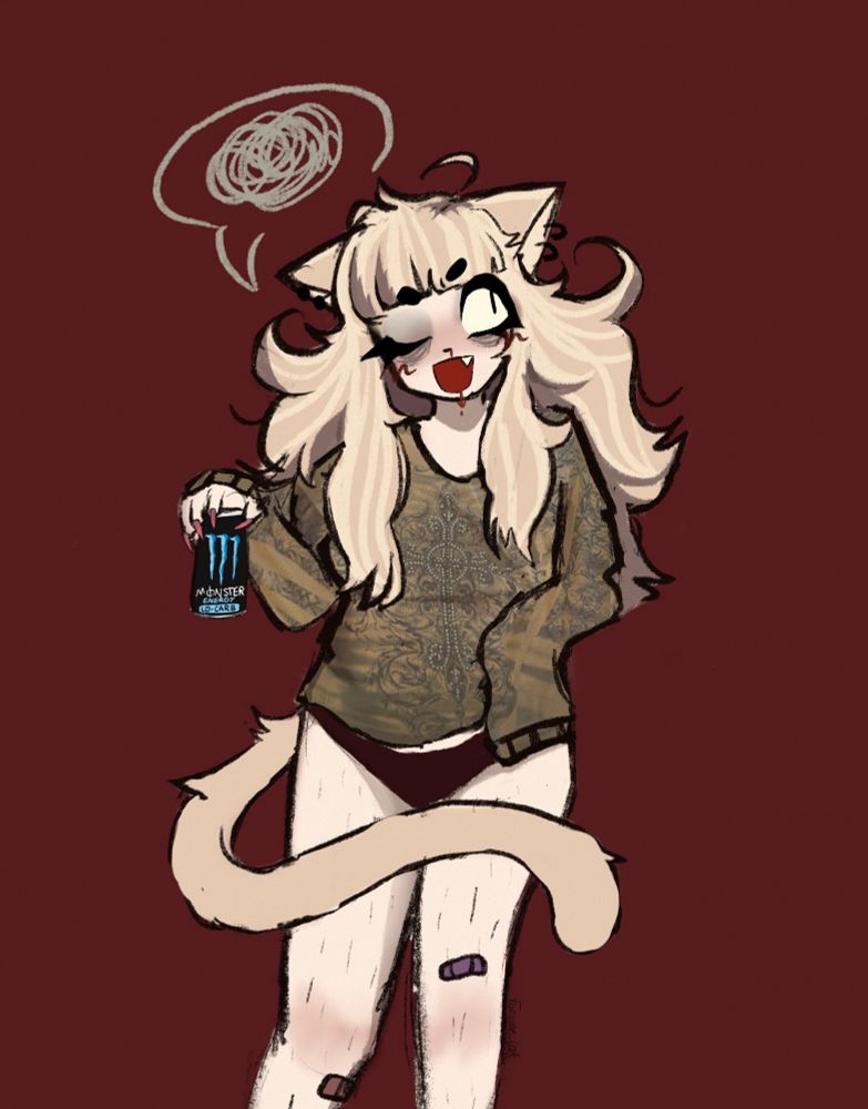 Fortune in front of a dark red background, holding a blue monster energy in one clawed hand, the other hand covered by the sleeve of her y2k styled shirt. She isn’t wearing any pants and her bandaged hair legs are posed. Her tail crosses over her thighs and she is winking with a bloody nose.