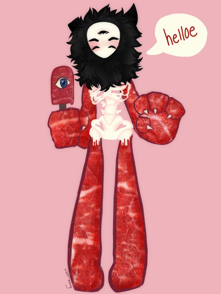 Roblox character, visceral, standing in a pink background. He is holding a meat popsicle with an eyeball in it. The character is made out of meat except for its chest, spine, and lower half, which is exposed skeleton. His head is covered in fur with two horns, one broken. He has 5 eyes that are all closed except one at top. A speech bubble says "helloe". 
