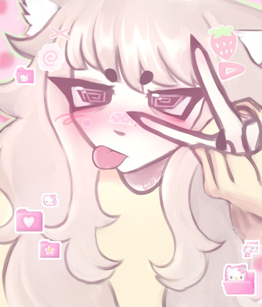 Fortune in a yellow shirt, with a polkadot bandaid on the nose and heart sticker on her cheek. She holds a peace sign up to her eye while sticking her tongue out, wearing a clip shaped like a fish cake and a strawberry. Various hello kitty themed computer file folders surround her. 