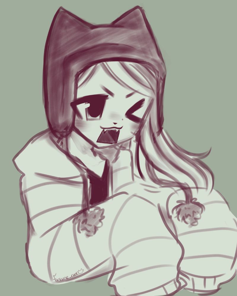 A sketch of Fortune when she was 13 years old. She is wearing a hat with cat ears and pompoms at the end of the tassles, an oversized striped hoodie, and making a winky expression