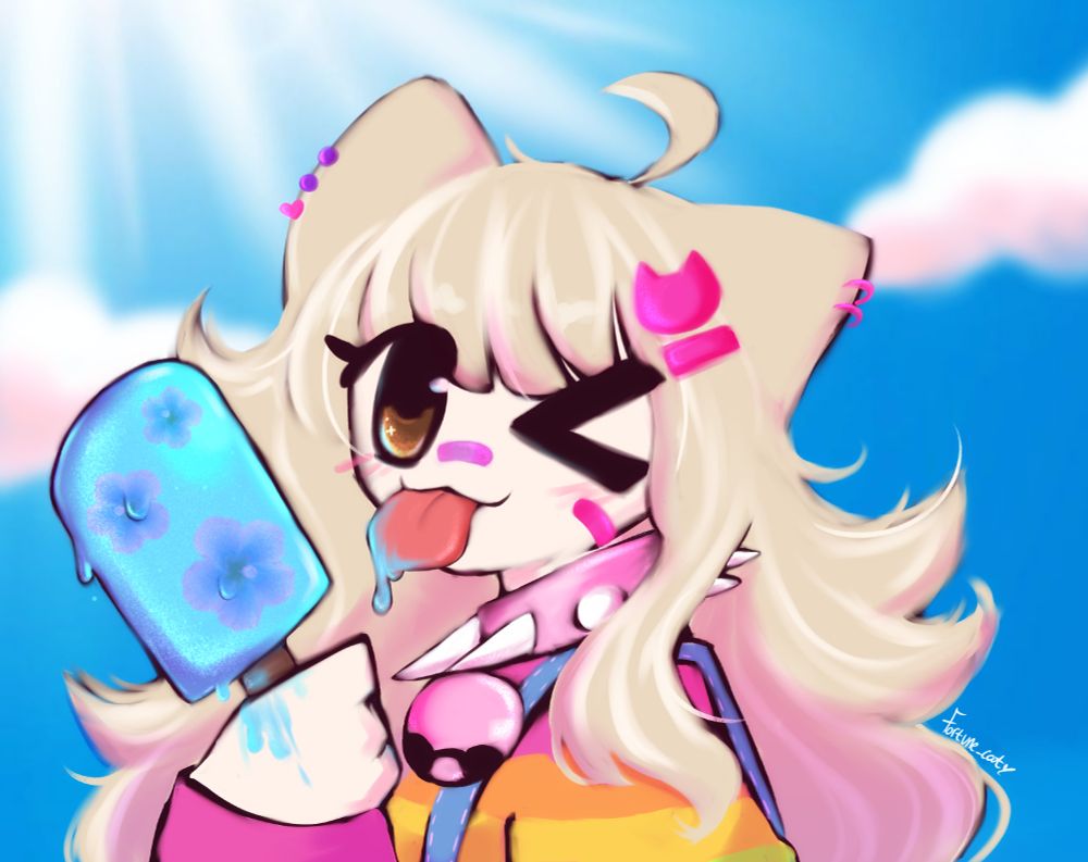 a digital painting of fortune, holding a blue hibiscus popsice, dripping from her tongue. she is winking and turned to the side with a sunny blue sky in the background.