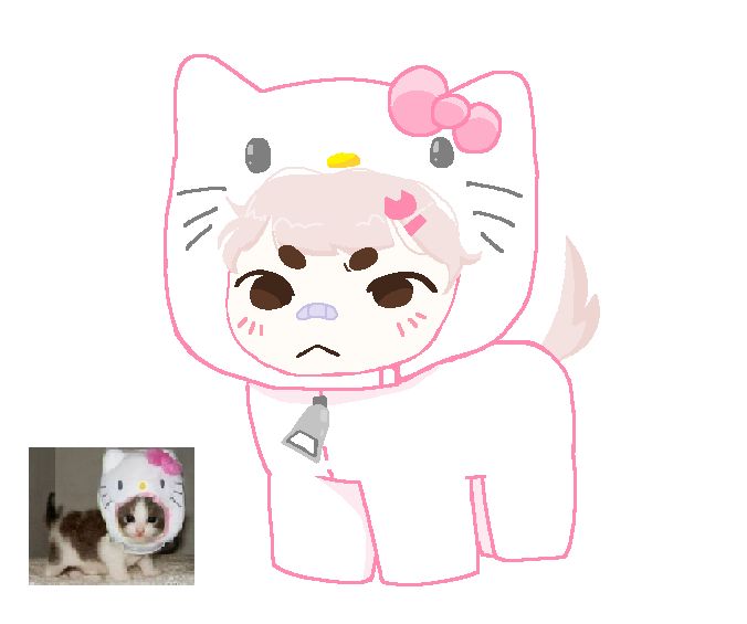 Fortune as a baby kitten, dressed in a hello kitty onesie. In the corner is the reference photo of a kitten wearing a oversized hello kitty hat. 