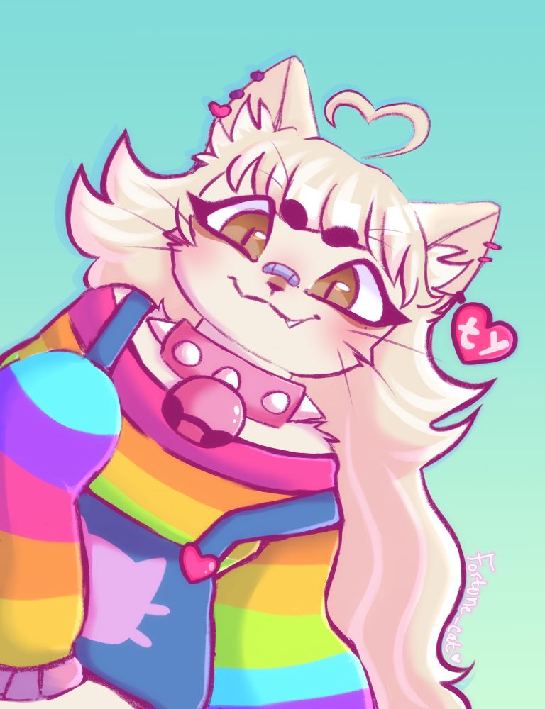 Fortune as a cat fursona, peeking over from the left hand side in front of a blueish teal gradient 