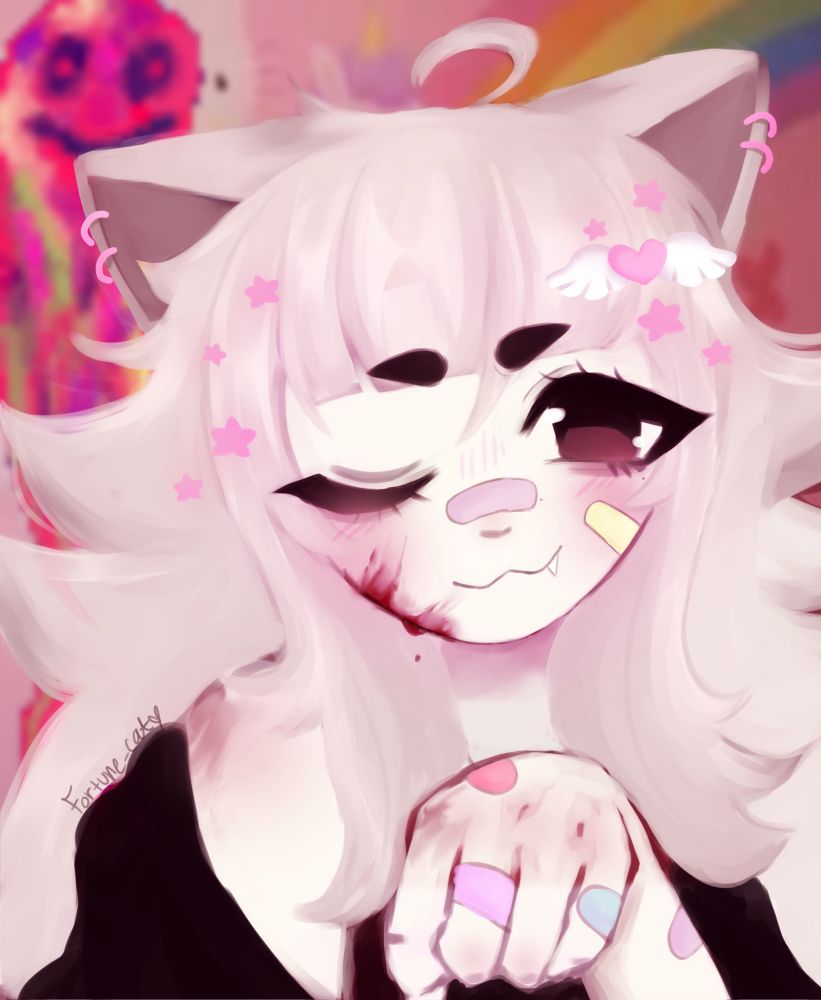 Fortune, curling her blood stained and bandaged hand in a paw, a splash of blood on her cheek as she winks. Her hair is peppered with pink stars and a heart with Angel wings and in the background kyuukyuu-kun from yume nikki can be spotted peering over her.