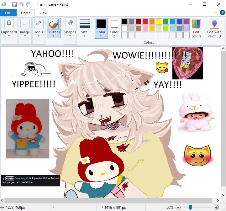 Fortune drawn in mspaint, wearing a blood stained yellow tshirt, holding a my melody plush. Various images scatter the background- an irl image of the my melody plush, a baby monchhichi, raw meat in the shape of a heart, and a blushing animal jam emoji. In the corner a twitch comment can be read saying “I think you should draw Fortune having a good and normal time. 