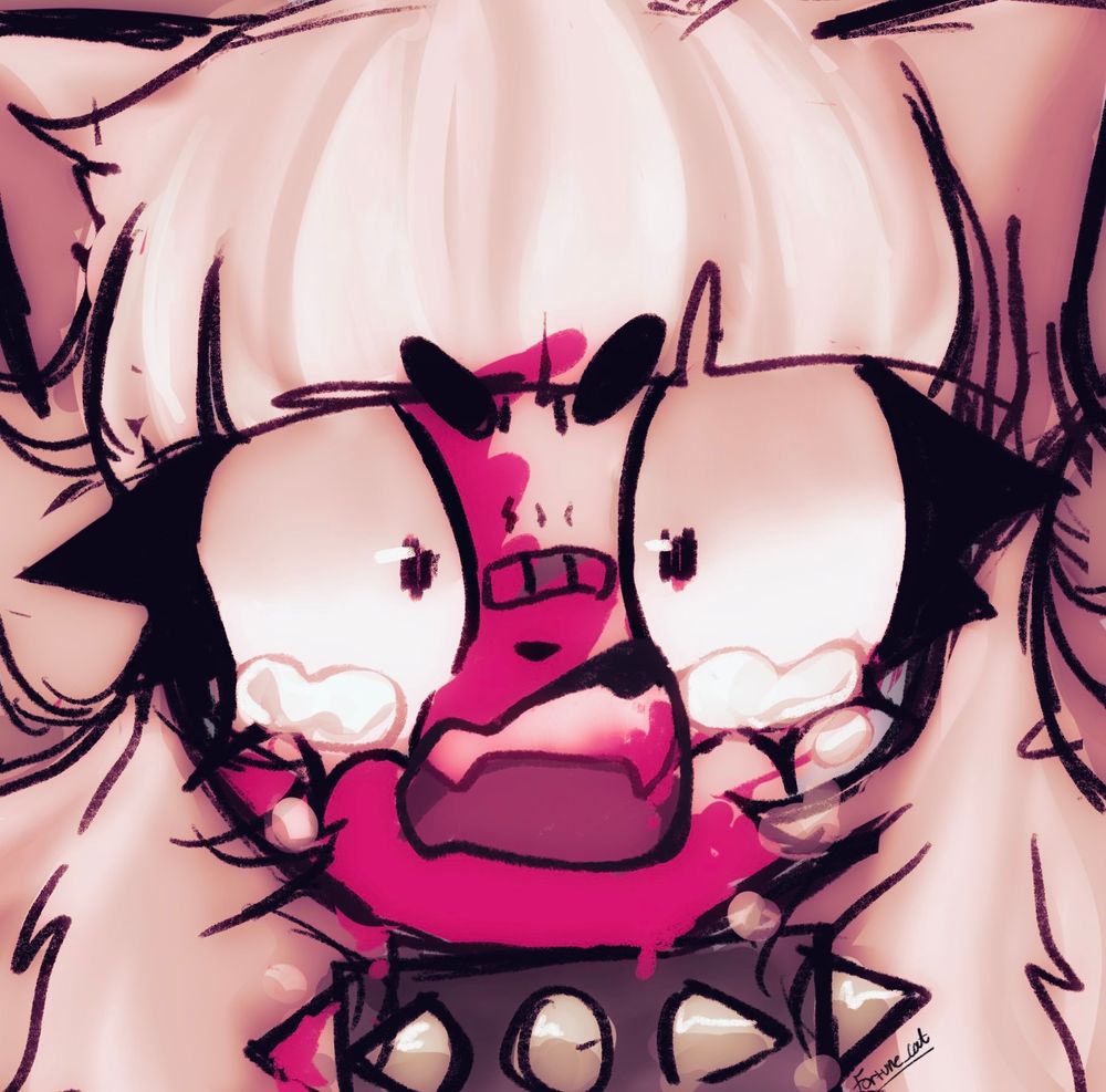 Fortune, screaming with blood splattered on her face, dripping from her fangs, and tears coming from her eyes. 