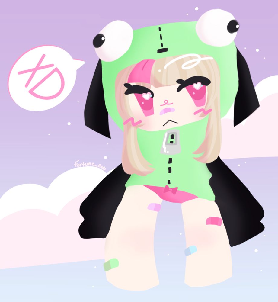 Fortune dressed in a gir hoodie from invader zim with an XD chat bubble emanating from her. The background is a purple and blue gradient with stars and clouds. 