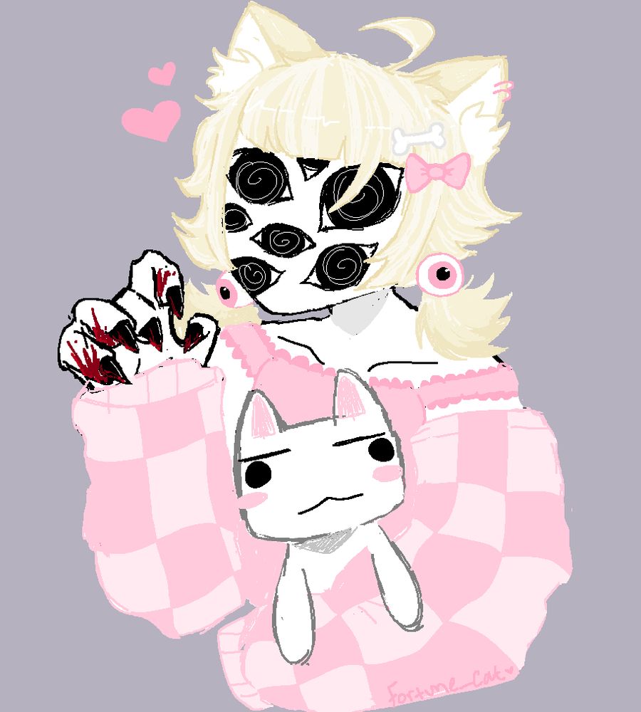 Fortune drawn in mspaint, her hands in a claw shape with blood dripping off her nails, her face covered in a variety of eyes, holding a toro inoue plush. Her hair is in pigtails with eyeballs holding them in place as well as a bone and bow clip. She is wearing a pink checkered sweater over a frilly pink tank top.