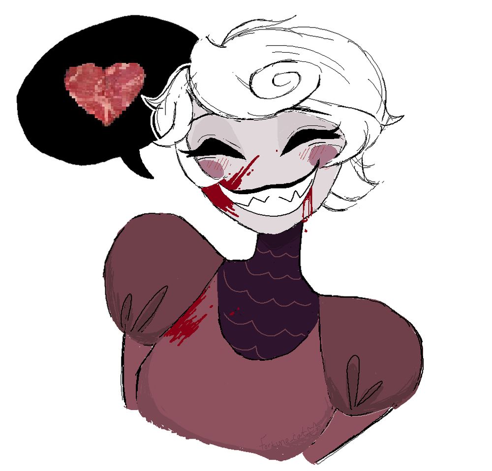 Rosie from Hazbin Hotel, drawin in mspaint. She is grinning with her eyes closed, hat off. A speech bubble comes from her with a meat slab in a shape of a heart. 