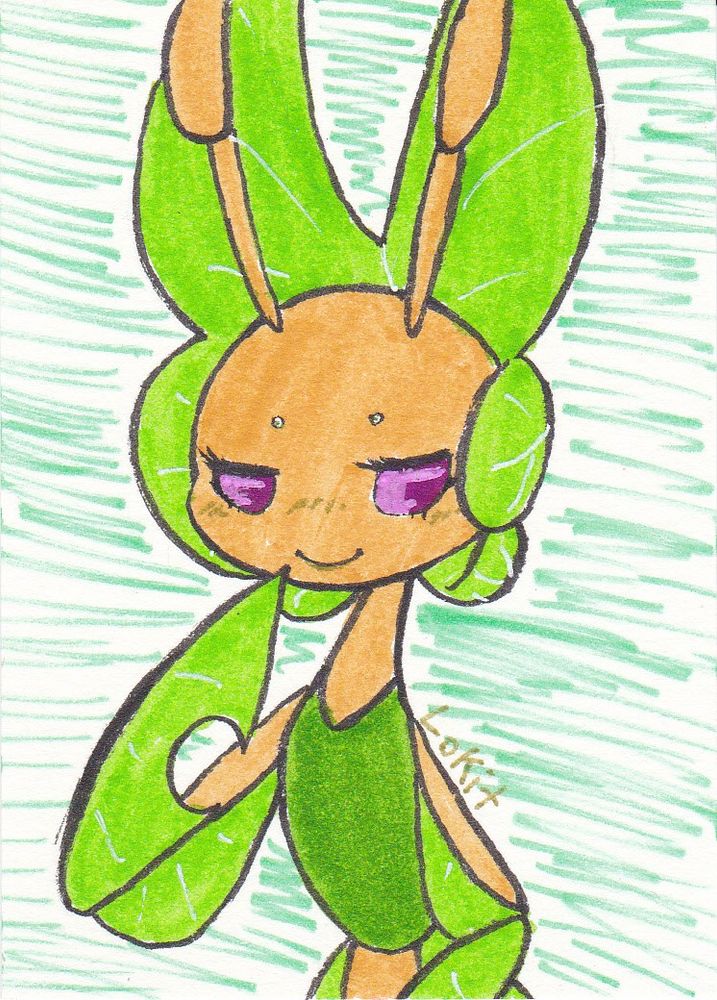 Clara, the shiny Leavanny. She's holding one of her forearms up to her face in a thoughtful manner and smiling softly, casting her gentle purple gaze off to the side. The background is a messy scribble of aqua.