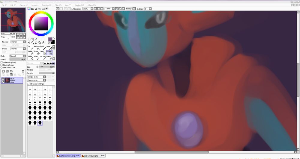 Zoom in of previous deoxys, in paint tool sai. The water brush was used exclusively, on one layer.