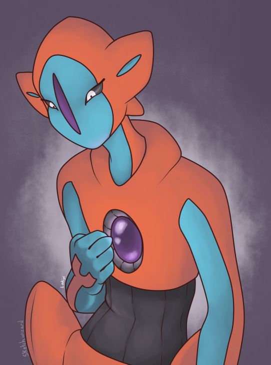 Vega, a normal forme deoxys, clutching her hand to her gem. The glow from it is soft, lighting gently.