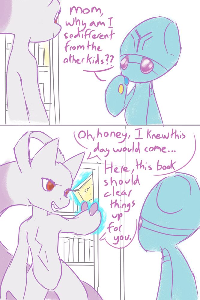 Aries, a shiny elgyem, asks Yu, a mega mewtwo y, "Mom, why am I so different from the other kids?" In the next panel we see Yu pulling a book from the shelf behind her with levitation, "Oh, honey, I knew this day would come..." She smiles at her trusting son, "Here, this book should clear things up for you."
