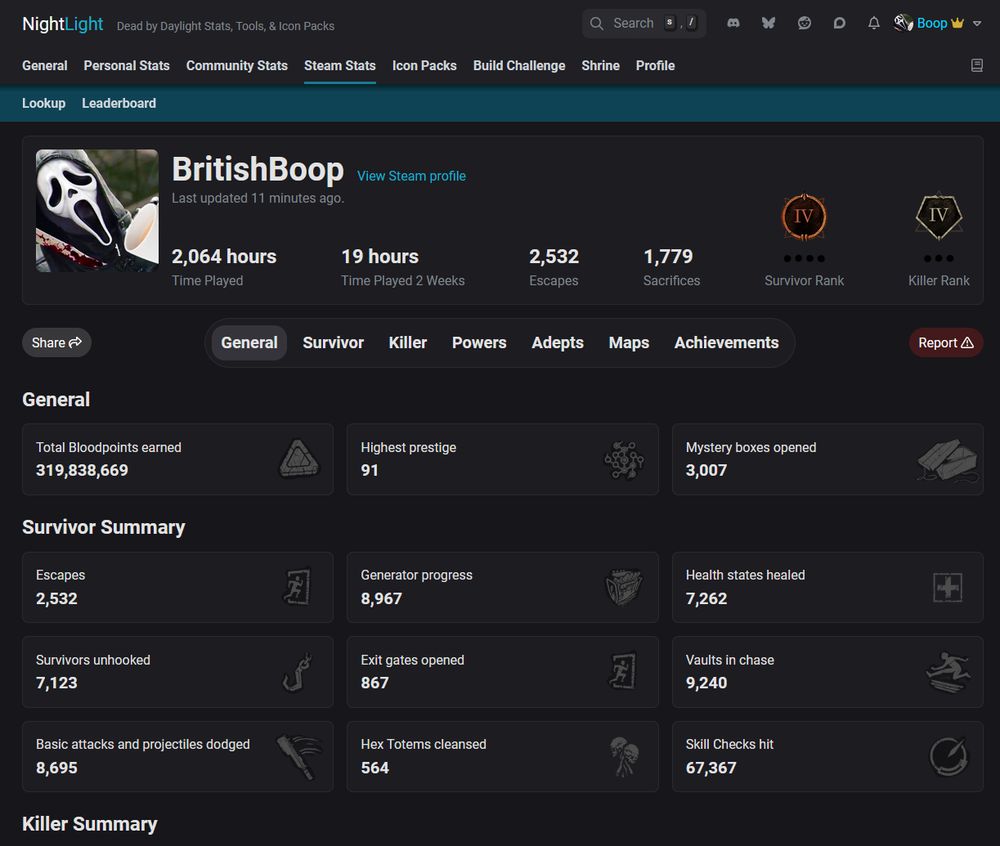 NightLight's new profile pages for Steam Player Stats. It shows the player's avatar, playtime, escapes, sacrifices and ranks at the top. Below are sections for survivors, killers, powers, adepts, maps, and achievements.
