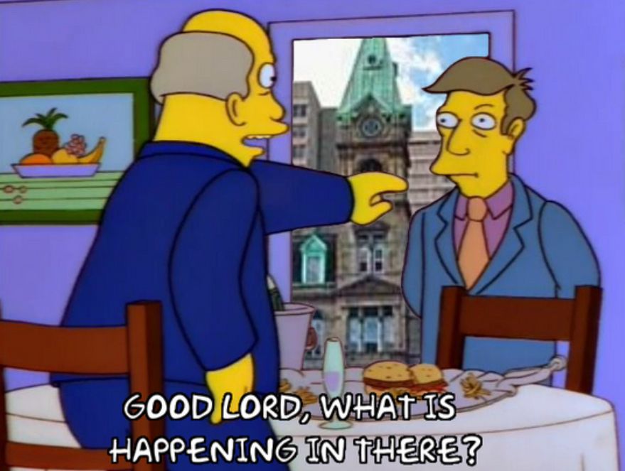 Good lord, what is happening in there? Simpsons meme with Halifax City Hall in the doorway