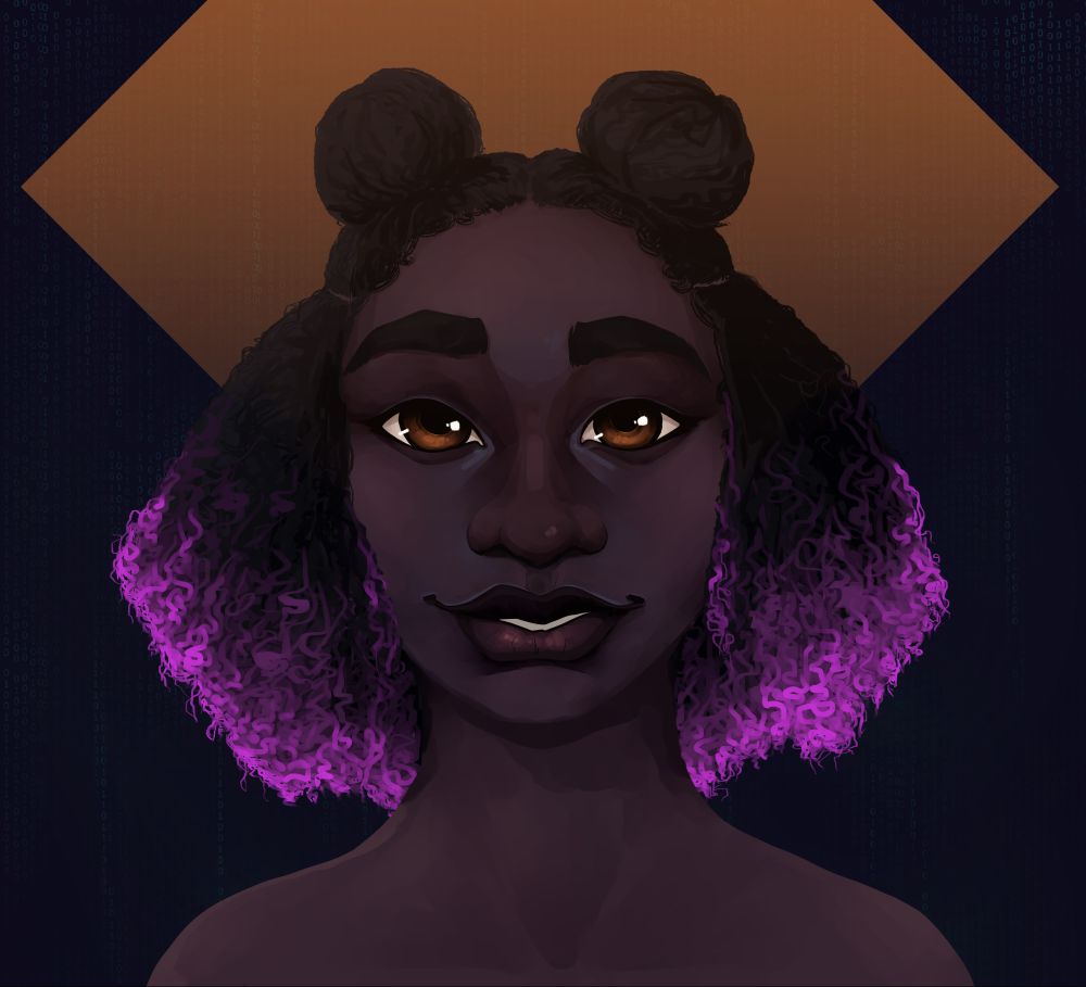 an art piece of a young black woman with space buns and dip dyed pink and natural black hair. it's rendered in Arcane's art style