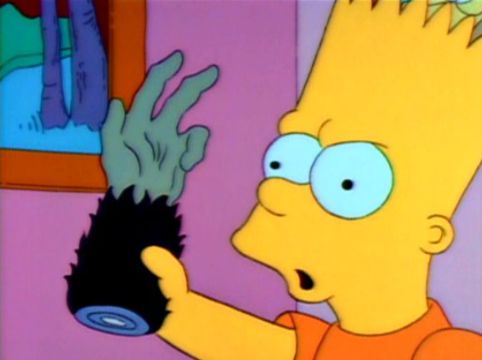 Bart Simpson holding a severed, dessicated, monkey's hand