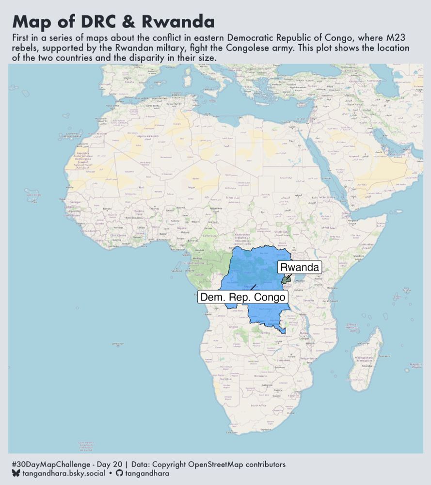 First in a series of maps about the conflict in eastern Democratic Republic of Congo, where M23 rebels, supported by the Rwandan miltary, fight the Congolese army. This plot shows the location of the two countries and the disparity in their size. 