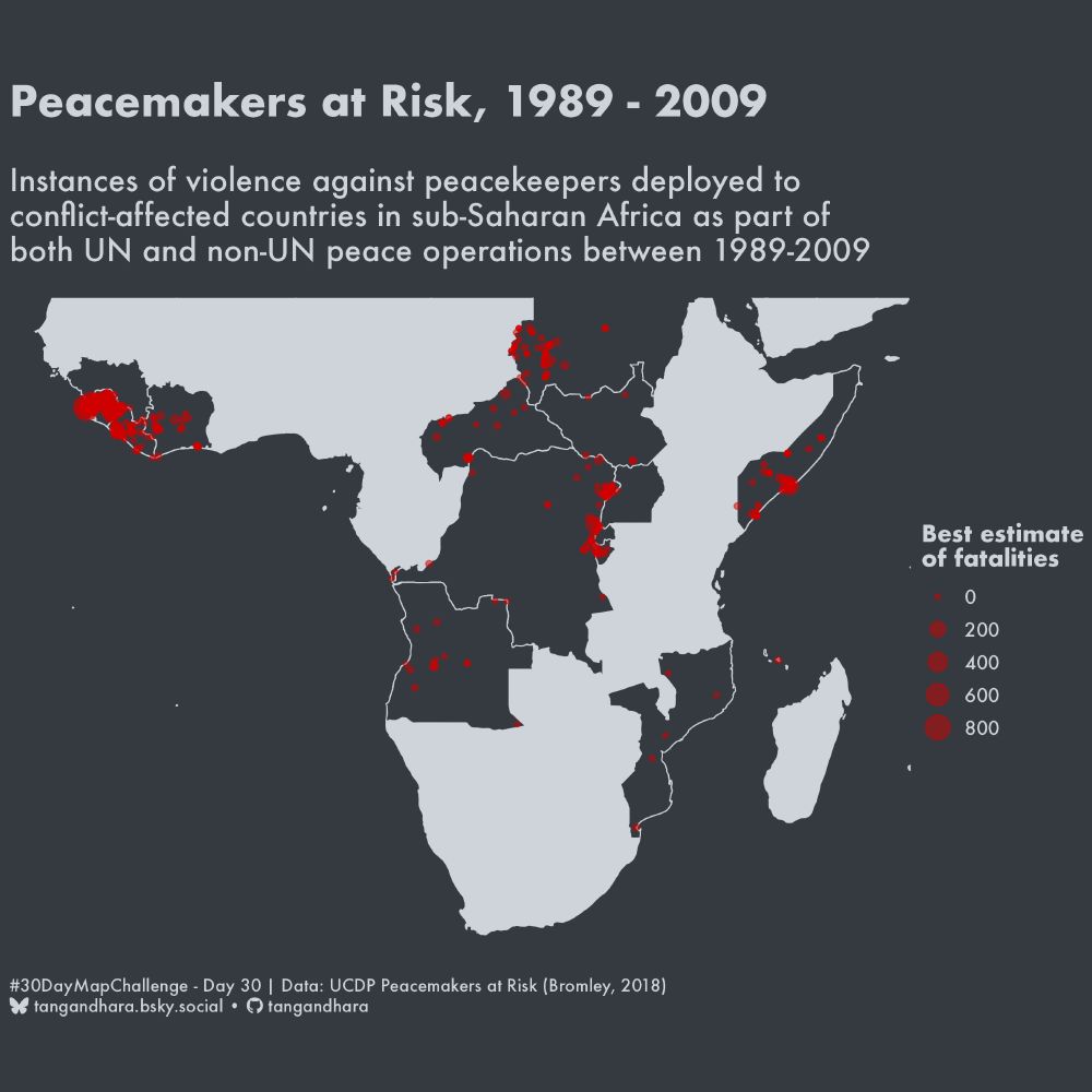 "Peacemakers at Risk, 1989 - 2009"
"Instances of violence against peacekeepers deployed to conflict-affected countries in sub-Saharan Africa as part of both UN and non-UN peace operations between 1989-2009"

map of sub-saharan africa with some countries highlighted in dark grey colour and while others are white. there are red dots indicating instances of violence.