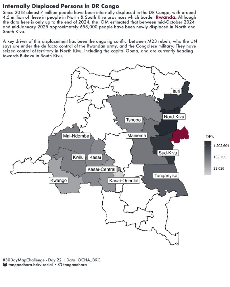 "Internally Displaced Persons in DR Congo"

"Since 2018 almost 7 million people have been internally displaced in the DR Congo, with around 4.5 million of these in people in North & South Kivu provinces which border <span style='color: #800d33 '>**Rwanda.**</span> Although the data here is only up to the end of 2024, the IOM estimated that between mid-October 2024 and mid-January 2025 approximately 658,000 people have been newly displaced in North and South Kivu. 

A key driver of this displacement has been the ongoing conflict between M23 rebels, who the UN says are under the de facto control of the Rwandan army, and the Congolese military. They have seized control of territory in North Kivu, including the capital Goma, and are currently heading towards Bukavu in South Kivu."
