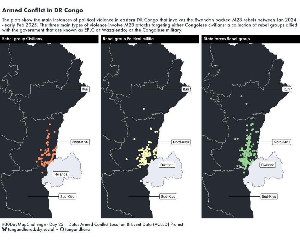 The plots show the main instances of political violence in eastern DR Congo that involves the Rwandan backed M23 rebels between Jan 2024 - early Feb 2025. The three main types of violence involve M23 attacks targeting either Congolese civilians; a collection of rebel groups allied with the government that are known as EPLC or Wazalendo; or the Congolese military.