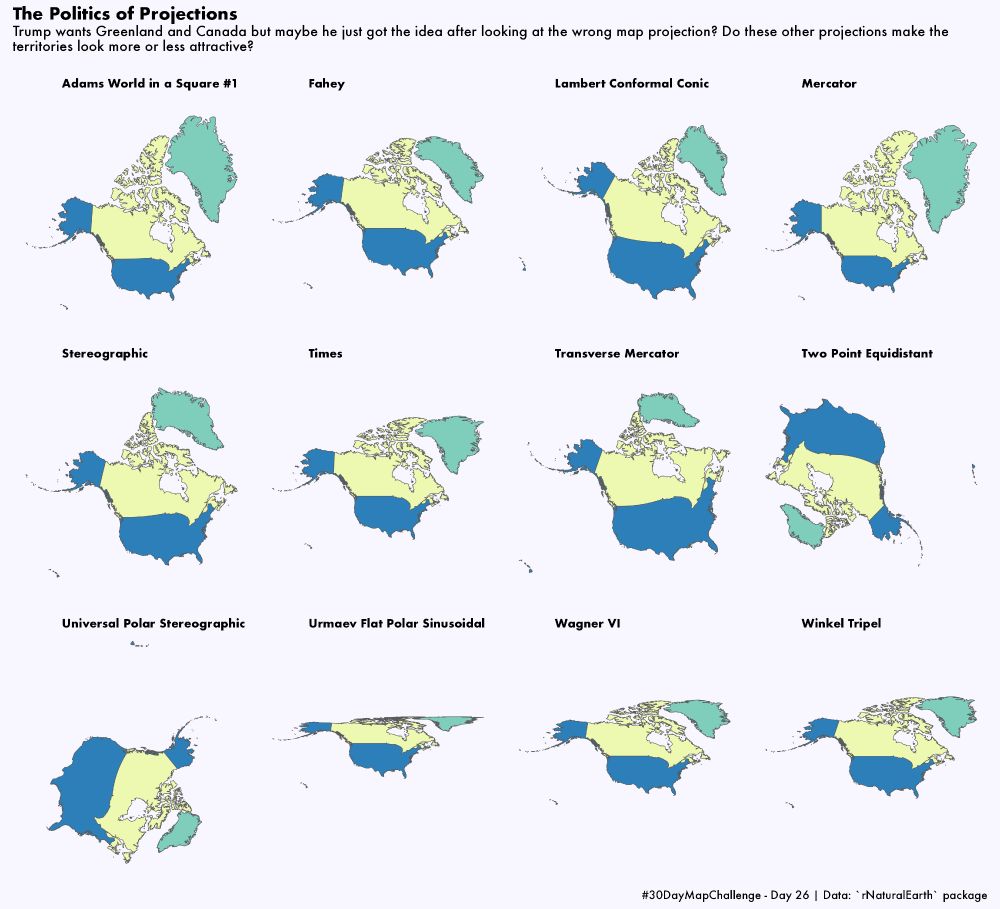 The Politics of Projections
Trump wants Greenland and Canada but maybe he just got the idea after looking at the wrong map projection? Do these other projections make the territories look more or less attractive?

Series of 12 map projections featuring USA, Canada and Greenland