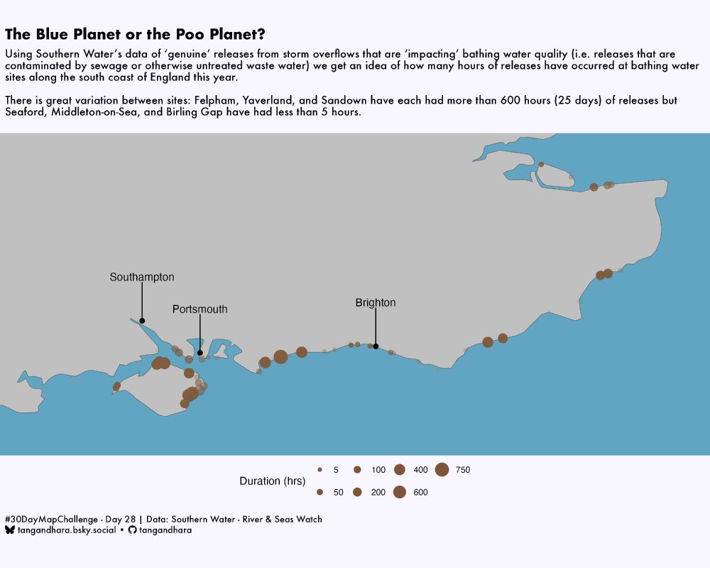 "The Blue Planet or the Poo Planet?"

"Using Southern Water's data of 'genuine' releases from storm overflows that are 'impacting' bathing water quality (i.e. releases that are contaminated by sewage or otherwise untreated waste water) we get an idea of how many hours of releases have occurred at bathing water sites along the south coast of England this year. 

There is great variation between sites: Felpham, Yaverland, and Sandown have each had more than 600 hours (25 days) of releases but Seaford, Middleton-on-Sea, and Birling Gap have had less than 5 hours."