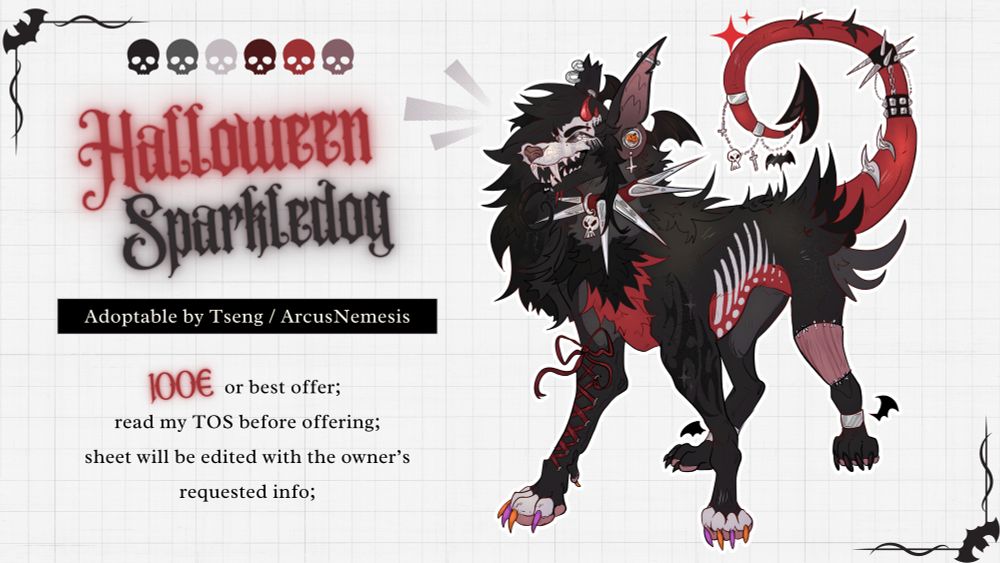 A reference sheet of a halloween-themed sparkledog adoptable featuring a canine in red, white, black and grey colors with a spiked collar and goth decor.