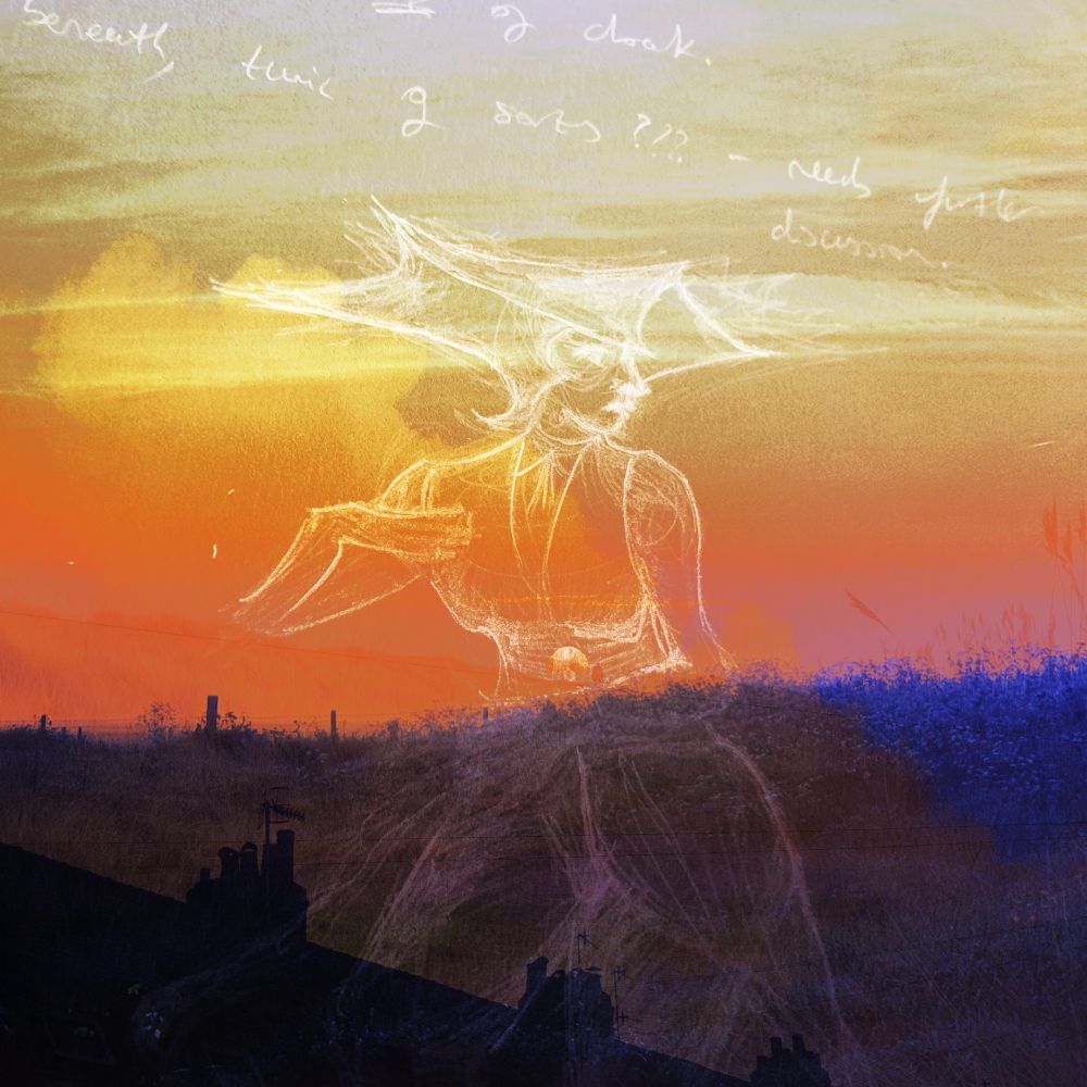 Concept artwork from a side project adorns the cover, as has been done before. This time, a feminine figure raises their arms to cast spells  at a ¾ angle, their neck turned away showing their pointed and hammerheaded helm, which meets, pointed above the nose.

The background is layered photographs with levels played with to enhance the sunsets that align at her centre, whereas partially obscured sun casts a silhouette over a tiny figure, on the hill adjacent to the setting sun. 

Yellows paint the sky and deeper oranges rip through from the horizon and contrast with blacks and dark blues of the dark and mid tones of the sillhouetted grasses and fences in the foreground.