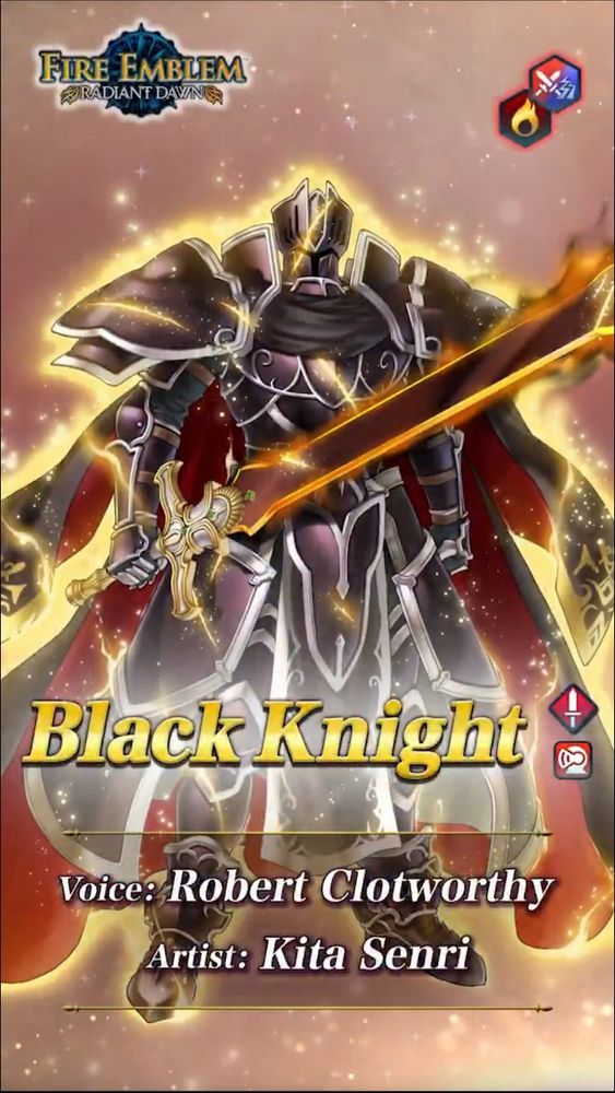 Art of Legendary Black Knight from Fire Emblem Heroes. Also included is his English voice actor: Robert Clotworthy and artist Kita Senri