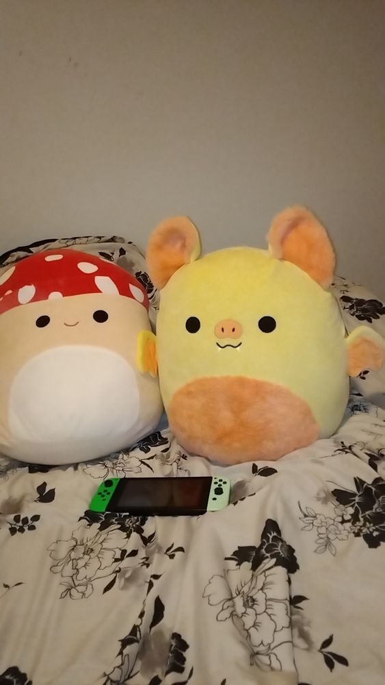 A photo of two giant squishmallows sitting atop a black and white comforter with a switch console below them.
The squishmallow on the left is a mushroom resembling a Fly Agaric and the squishmallow on the right is a pink and yellow bat with a pig nose.