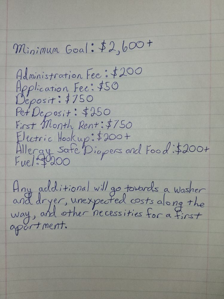 A photo of a list of urgent needs written in a tablet. List is as follows.

Minimum goal is $2,600 plus

Administration fee is $200
Application fee is $50
Deposit fee is $750
Pet deposit fee is $250
First month rent is $750
Electric hookup is $200 plus
Allergy safe diapers and food is $200 plus
Fuel $200

Beneath the list, the following is written.
Any additional will go towards a washer and dryer, unexpected costs along the way, and other necessities for a first time apartment.