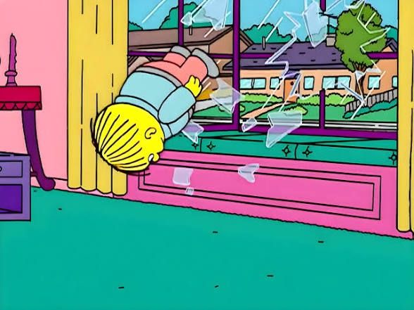 Ralph Wiggim going headfirst through a window like a garden gnome